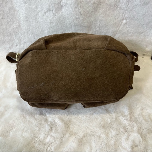 Crown Vintage Suede Drawstring Satchel Handbag. Brown with Gold Stud Accents - Picture 15 of 15